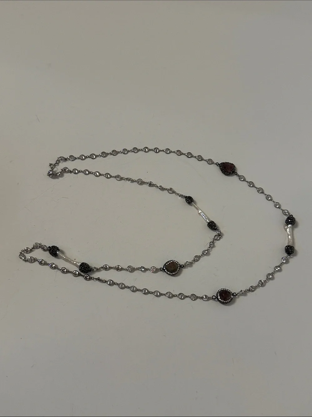 NECKLACE STERLING SILVER CHAIN BEZEL SET CRYSTALS WHITE BAROQUE PEARLS PAVE 37”